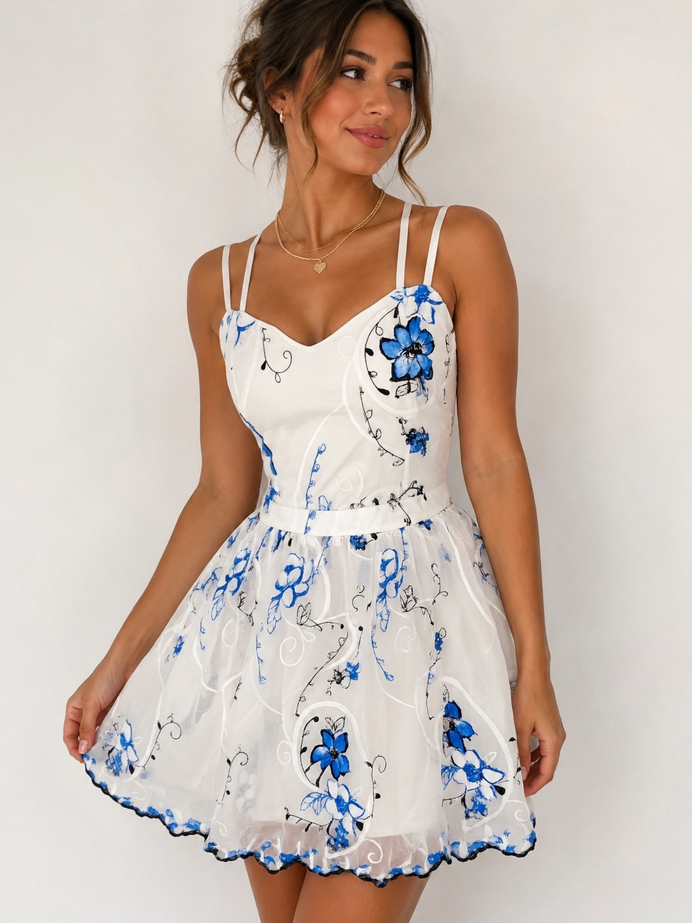 White & Blue Floral Fit-and-Flare Mini Dress NWOT